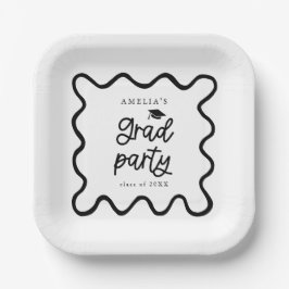 Quirky Wavy Line White Grad Party Pappteller
