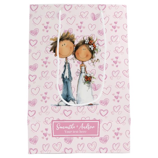Quirky Wedding Couple Bag Funny Cartoon Mittlere Geschenktüte (Rückseite)