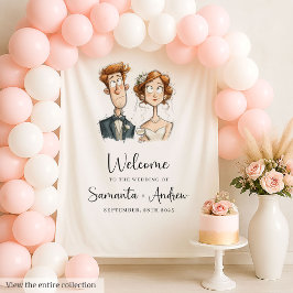 Quirky Wedding Tapestry Watercolor Newlyweds Party Wandteppich