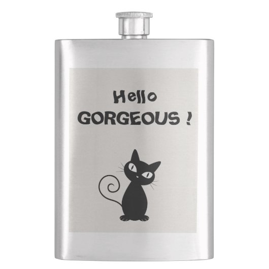 Quirky Whimsical Black Cat Glittery Hello Gorgeous Flachmann (Vorderseite)