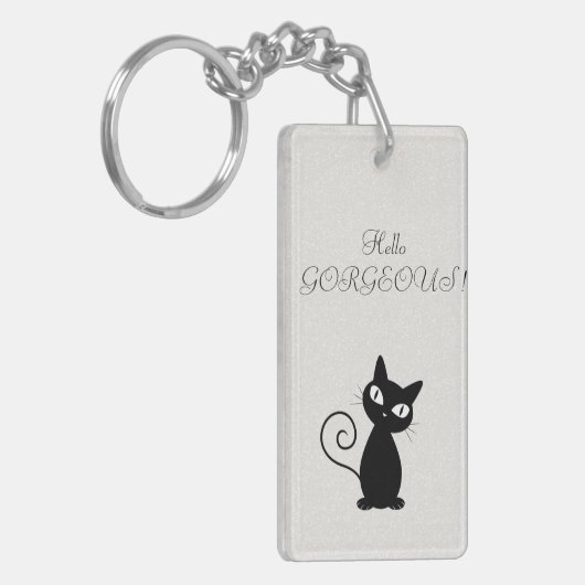 Quirky Whimsical Black Cat Glittery Hello Gorgeous Schlüsselanhänger (Vorderseite links)