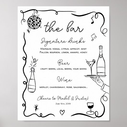 Quirky whimsical Black Hand Drawn Wedding Bar Poster (Vorne)