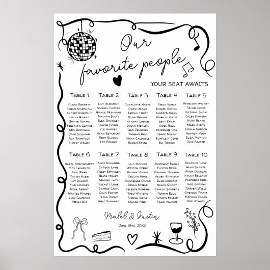Quirky whimsical black Wedding Seating Chart Poster (Vorne)