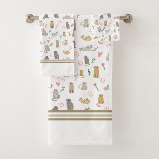 Quirky Whimsical Cats Muster Illustration Badhandtuch Set (Insitu)