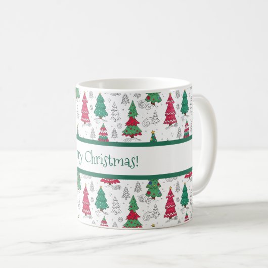 Quirky Whimsical Decorated Christmas Trees Doodles Kaffeetasse (VorderseiteRechts)