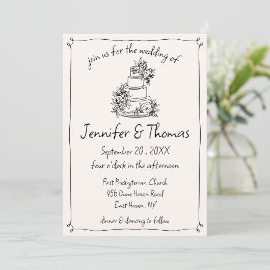 Quirky Whimsical Hand Drawn Cake Doodle Hochzeit Einladung (Stehend Vorderseite)