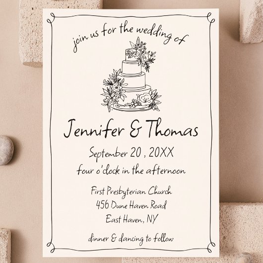 Quirky Whimsical Hand Drawn Cake Doodle Hochzeit Einladung
