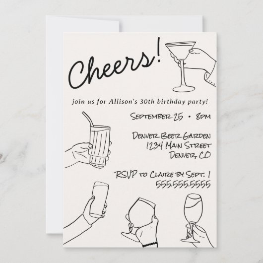 Quirky Whimsical Hand Drawn Cheers Party Einladung (Vorderseite)