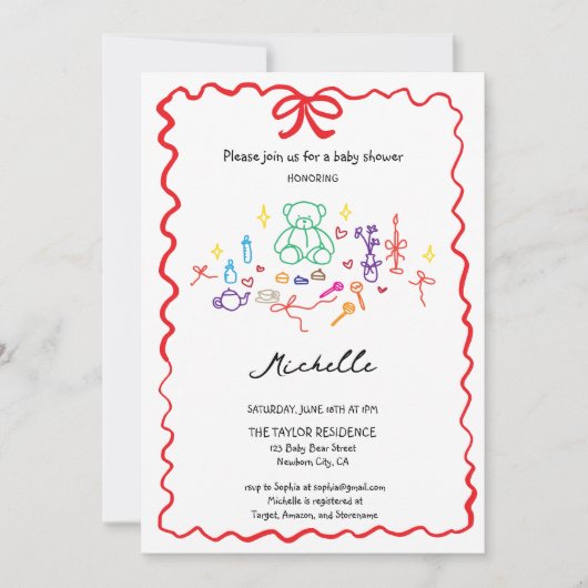 Quirky Whimsical Hand Drawn Doodle Baby Dusche Einladung (Vorderseite)