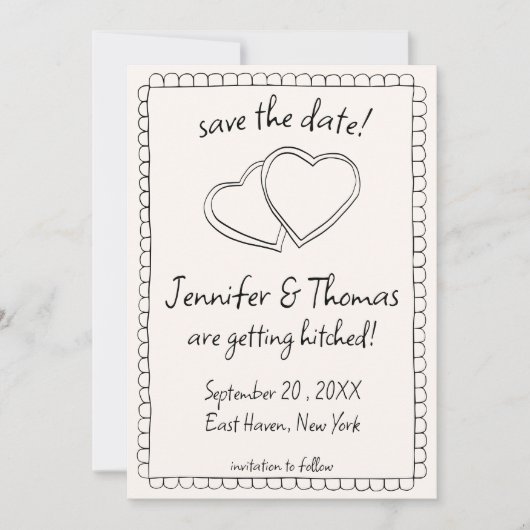 Quirky Whimsical Hand Drawn Doodle Save the Date Einladung (Vorderseite)