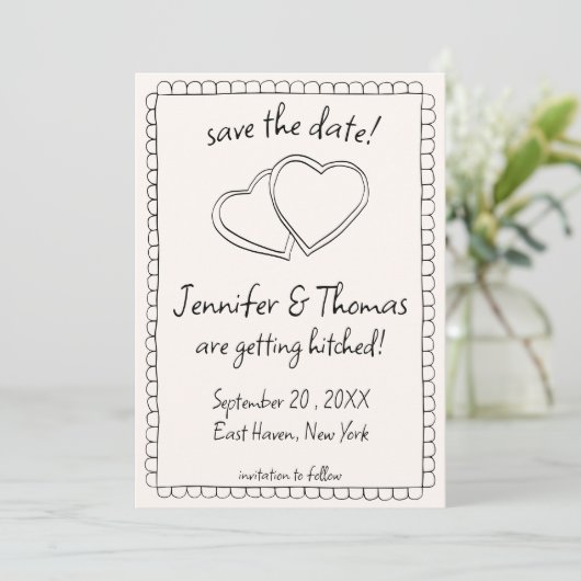 Quirky Whimsical Hand Drawn Doodle Save the Date Einladung (Stehend Vorderseite)