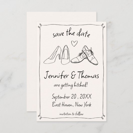 Quirky Whimsical Hand Drawn Doodle Shoes Hochzeit Save The Date (Vorne/Hinten)