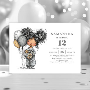 Quirky Whimsy Mädchen 10. Geburtstag Schwarz Gold Einladung