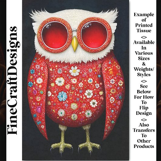 Quirky Whimsy Red Floral Owl & Specs BT7 Decoupage Seidenpapier