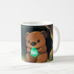 Quokka-Cartoon mit einem leuchtend grünen Kristall Kaffeetasse