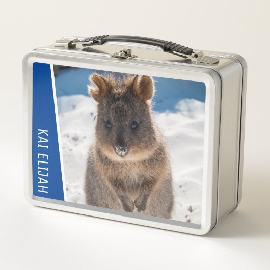 Quokka Cute Animal on the Beach Australia Blue Metall Brotdose (Vorderseite)