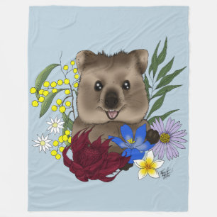 Quokka Glücklich Australien Floral Blau Fleecedecke