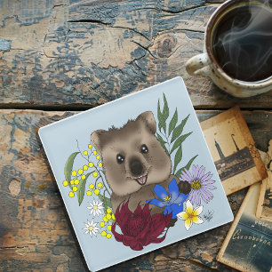 Quokka Glücklich Australien Floral Blau Glasuntersetzer