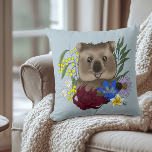 Quokka Glücklich Australien Floral Blau Kissen