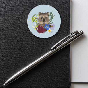 Quokka Glücklich Australien Floral Blau Runder Aufkleber