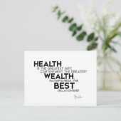 QUOTEN: Buddha: Gesundheit: bestes Geschenk Postkarte (Stehend Vorderseite)