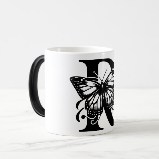 R Alphabet Black Butterfly Verwandlungstasse (Vorderseite Links)