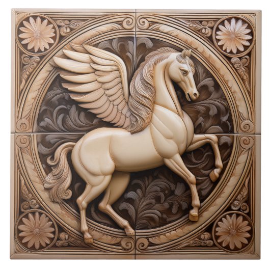 R Beige faux relief Art Nouveau Winged Horse Fliese (Vorderseite)