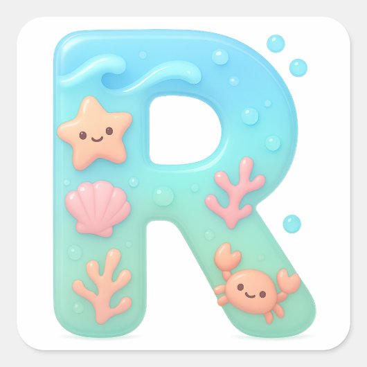 "R" Cute Letter - Underwater Sea Creature Quadratischer Aufkleber (Vorderseite)