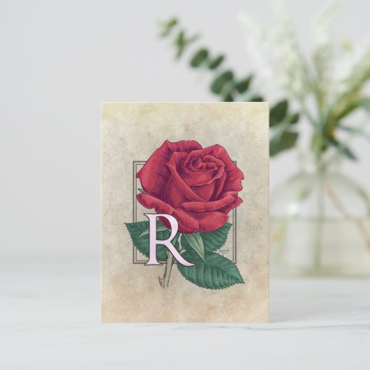 R für Rose Blume Monogramm Postkarte (Stehend Vorderseite)