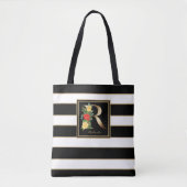 R Gold Floral Monogram | Schwarz-weiße Streifen Tasche (Vorderseite)