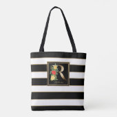 R Gold Floral Monogram | Schwarz-weiße Streifen Tasche (Rückseite)