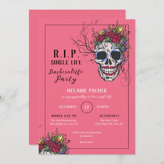 R.I.P. Skull & Rose Junggeselinnen-Abschied Einlad Einladung (Vorne/Hinten)