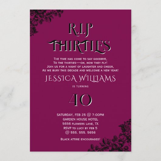 R.I.P. Thirties, Gothic 40th Birthday  Einladung (Vorderseite)