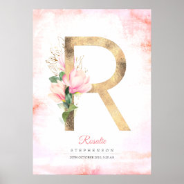 R Letter Monogram Gold Blätter Pink Magnolia Flora Poster