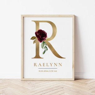 R Letter Monogram Name Marsala Floral Kinderzimmer Poster