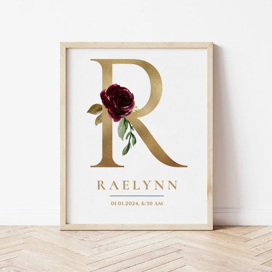 R Letter Monogram Name Marsala Floral Kinderzimmer Poster
