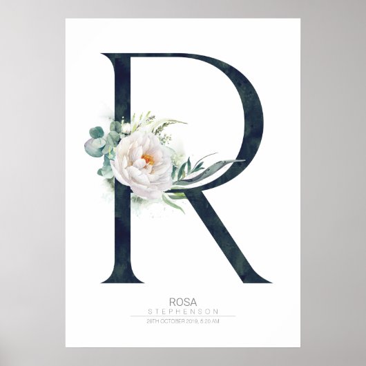 R Letter Monogram Weiße Blume und Grüne Poster (Vorne)
