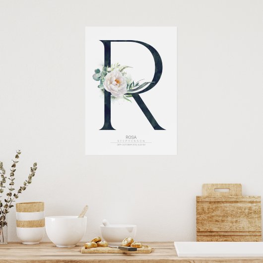 R Letter Monogram Weiße Blume und Grüne Poster (Küche)