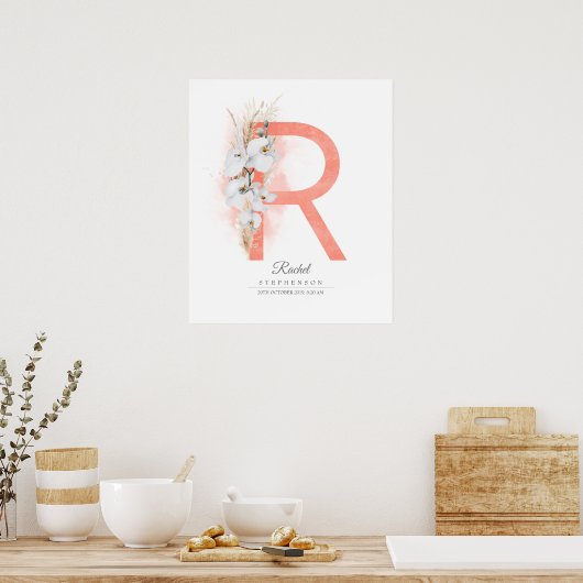 R Letter Monogram White Orchias and Pampas Grass Poster (Küche)