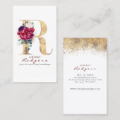 R Monogram Burgundy Red Blume und Gold Glitzer Visitenkarte (Vorne/Hinten)