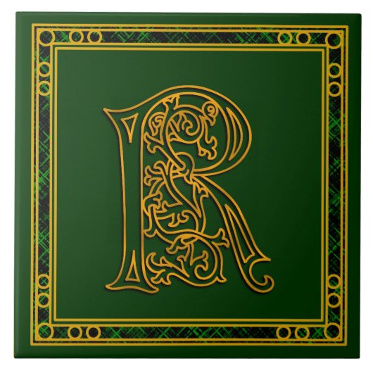 R Monogram "Irish Gold on Green" Keramik Tile Fliese (Vorderseite)