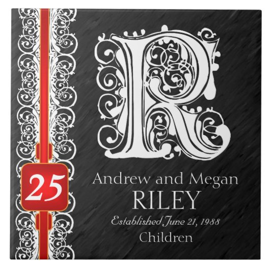 R Monogram "White Lace on Black" Anniversary Tile Fliese (Vorderseite)