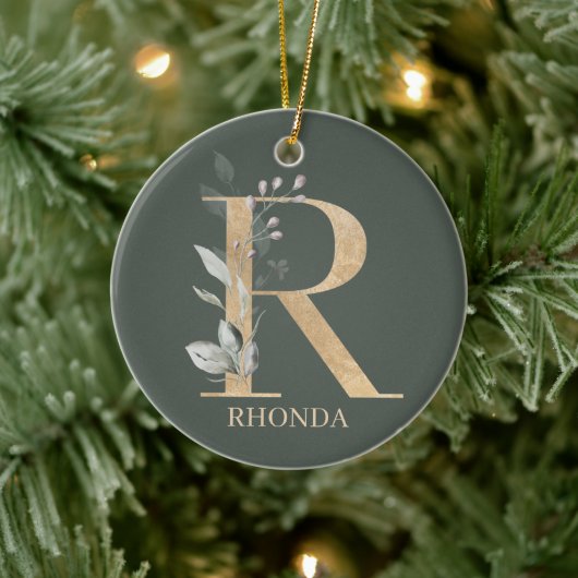 R Monogramm Floral Personalisiert Keramik Ornament (Baum)