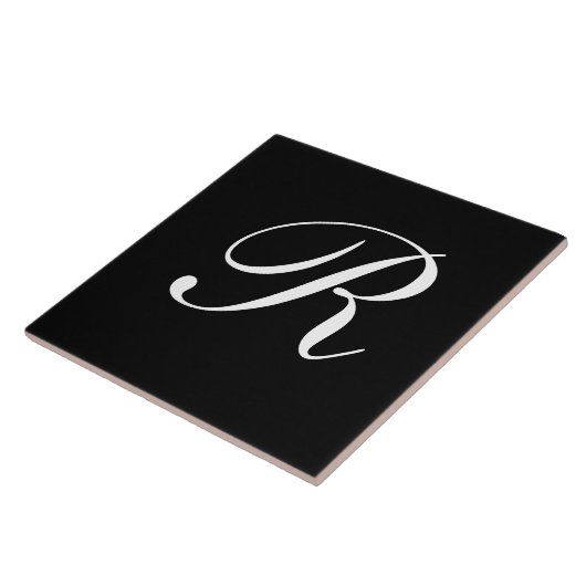 R Monogramm Initial White auf Schwarz Fliese (Seite)