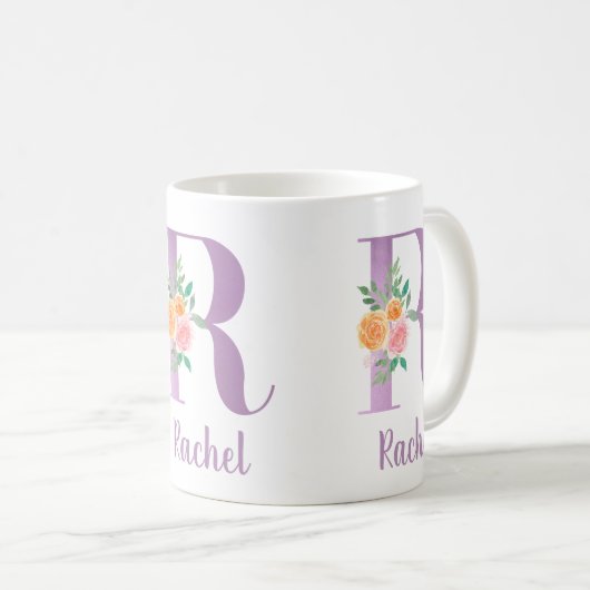 R Monogramm Lila Blumenfarbe Personalisiert Kaffeetasse (VorderseiteRechts)
