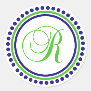R Monogramm (Navy Blue / Lime Green Dot Circle) Runder Aufkleber