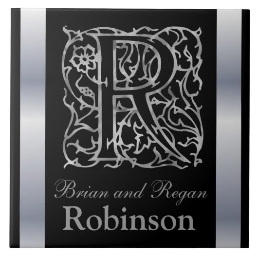 R Monogramm und Name "Besque on Black" Keramik Til Fliese (Vorderseite)