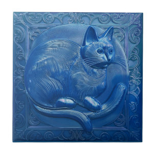 R Navy Blue Imitats Relief Art Nouveau Cat Fliese