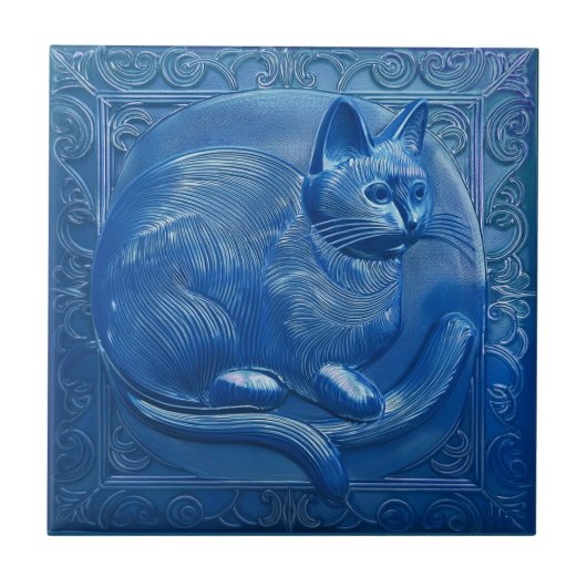 R Navy Blue Imitats Relief Art Nouveau Cat Fliese (Vorderseite)
