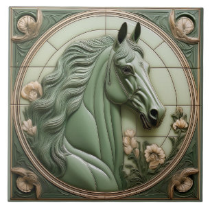 R Salbeigrüner Kunstrelief Art Nouveau Pferdekopf Fliese
